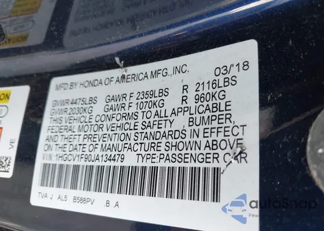 2018 Honda Accord Touring из США, поврежденный, VIN 1HGCV1F90JA134479